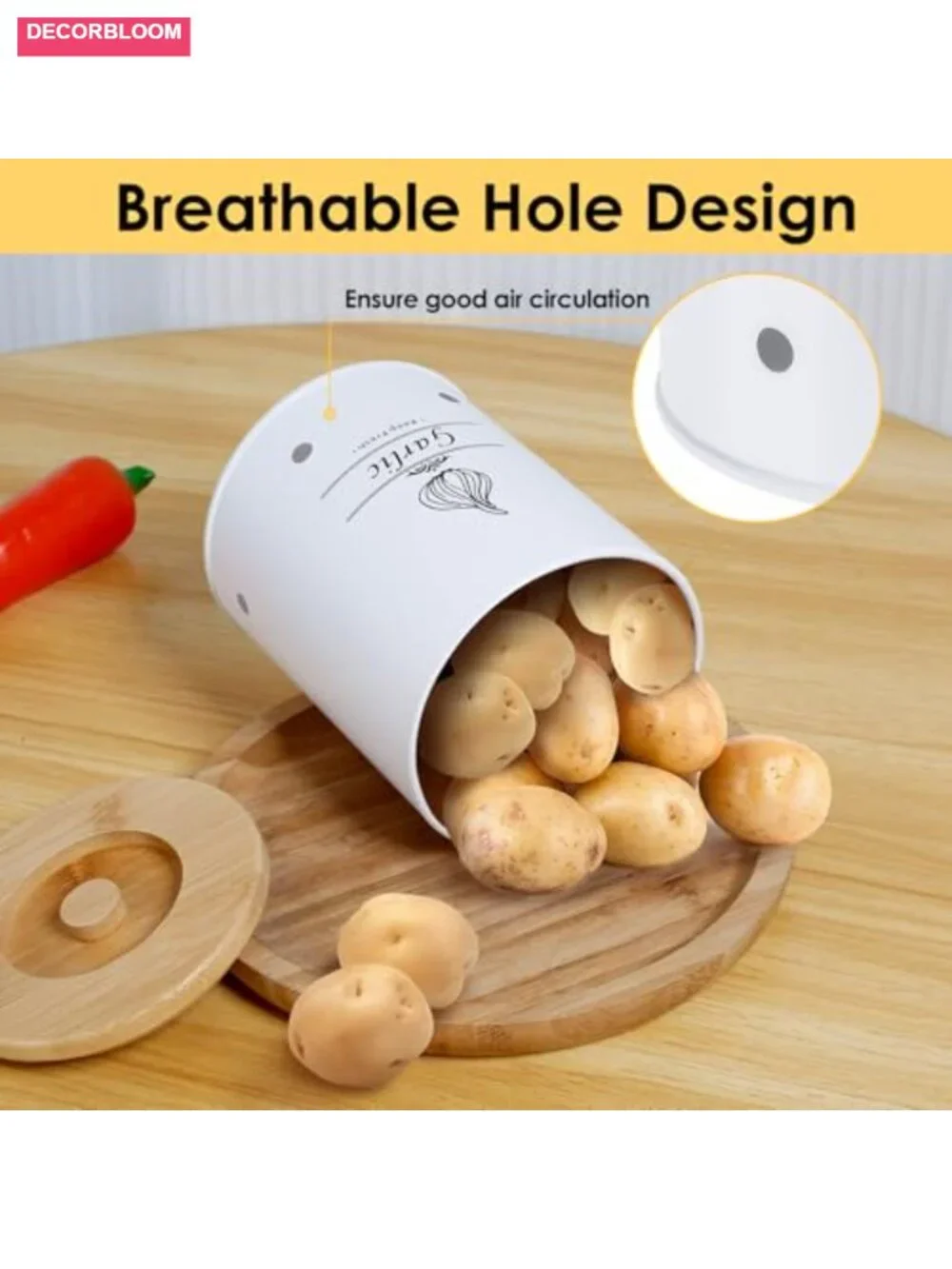 Large Ceramic Garlic Keeper with Wood Lid, Ventilated Garlic Storage Box, 2.3L